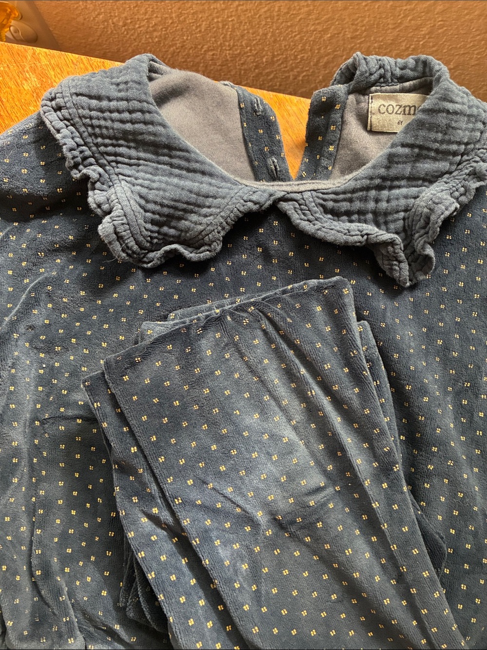 Velour Navy Long-Sleeve Ruffle Collar Polka Dot Girls/Unisex Matching Set